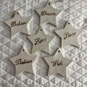 Star Christmas Ornaments Cream Gold Lettering Ceramic 6 Pieces